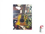 a picture of a painting of a guitar and a plant