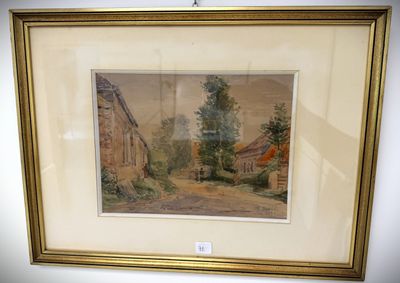 painting of a village scene in a gold frame on a white wall