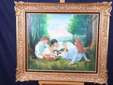 a painting of a woman and two children in a field