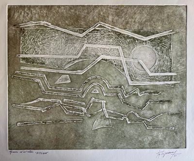 dessin représentant un paysage avec des montagnes et un soleil