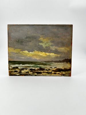 an image of a painting of a beach scene with a cloudy sky