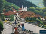 un tableau représentant des personnes marchant dans une rue avec un chien