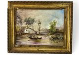 an oil painting of a boat on a river with a house in the background