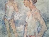 painting of a woman in a white dress standing next to another woman in a white dress