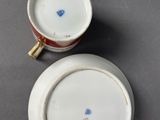 two cups and saucers are sitting on a table