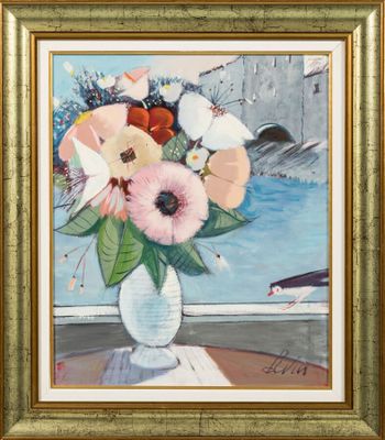 a painting of flowers in a vase on a table