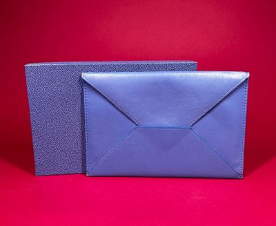 two blue envelopes sitting on top of each other on a red background