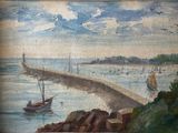 une peinture représentant un bateau sur l'eau près d'un embarcadère