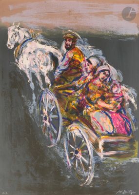 an image of a painting of a man riding in a carriage pulled by a horse
