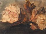 tableau représentant deux fleurs posées sur une table, sur fond marron