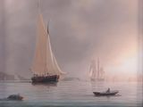 a painting of a sailboat in the water with other boats in the water