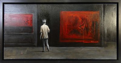 painting of a man standing in front of a painting of a red door
