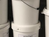several white buckets stacked on top of each other on a shelf