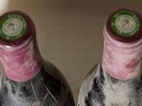 four bottles of wine are lined up in a row on a counter