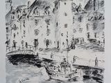 dessin représentant un bateau sur une rivière devant un bâtiment