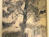 dessin représentant un arbre et une clôture devant une maison