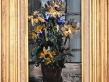 a painting of flowers in a vase on a table