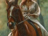 painting of a woman riding a horse in a wooded area
