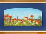 painting of a field of poppies and daisies with a blue sky in the background