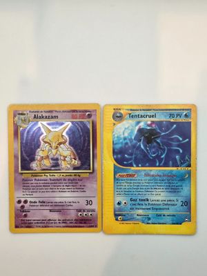 Deux cartes Pokémon sont posées l'une à côté de l'autre sur une table.