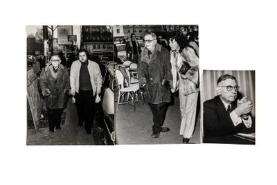 several black and white photos of men and women walking down a street