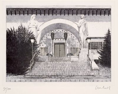 un dessin en noir et blanc représentant un bâtiment avec une statue sur les marches