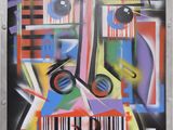 painting of a man ' s face with a barcode in his mouth