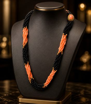 an orange and black beaded necklace on a black mannequin