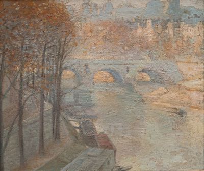 tableau représentant une vue sur une rivière avec un pont au loin