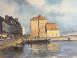 tableau représentant un bateau sur un plan d'eau, avec des bâtiments en arrière-plan