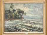 an image of a painting of a beach scene with waves coming in