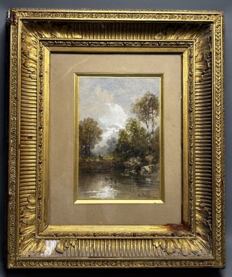 a painting of a river scene with a bridge in the foreground