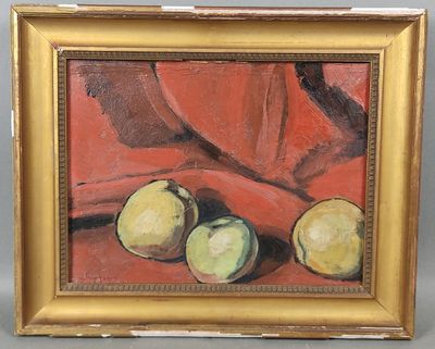 a painting of three apples on a red cloth