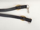 pair of black leather dog leash with brass buckles on white background
