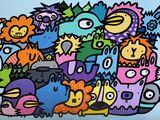 a painting of a bunch of cartoon characters on the wall