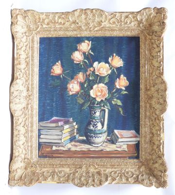 a painting of roses in a vase with books on a table