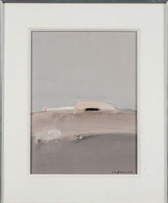 an abstract painting with a white frame on a wall