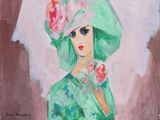 an oil painting of a woman wearing a green hat and holding a flower