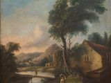 an image of a painting of a river scene with people and animals