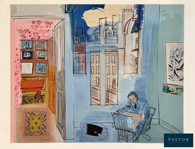 a drawing of a man sitting in a chair in a room