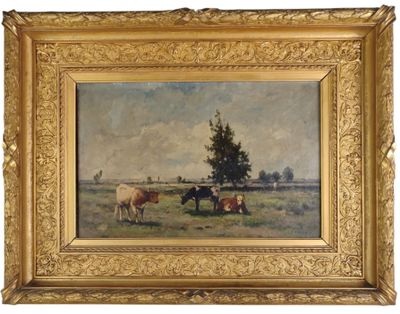 tableau représentant des vaches paissant dans un champ, avec un arbre en arrière-plan