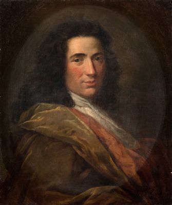 un tableau représentant un homme vêtu d'un manteau marron à col blanc