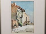 aquarelle encadrée représentant une maison avec un balcon et des balcons