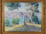 une peinture à l'huile représentant deux arbres sur une colline surplombant un plan d'eau