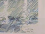 a painting of a blue sports car driving in the rain