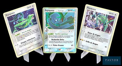 Trois cartes Pokémon sont représentées en ligne sur un fond noir