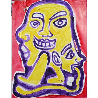 tableau violet et jaune représentant une femme souriante