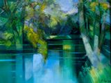 painting of a painting of a river with trees in the background