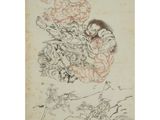 a drawing of a man riding on a horse with other people