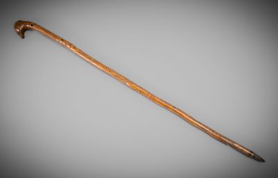 an old walking stick with a wooden handle on a gray background